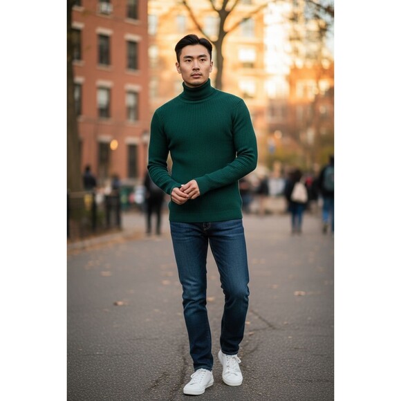 Vintage Marshall Fields Turtleneck Mens M Forest Green 70s Slim Minimalist Prep - Picture 1 of 6